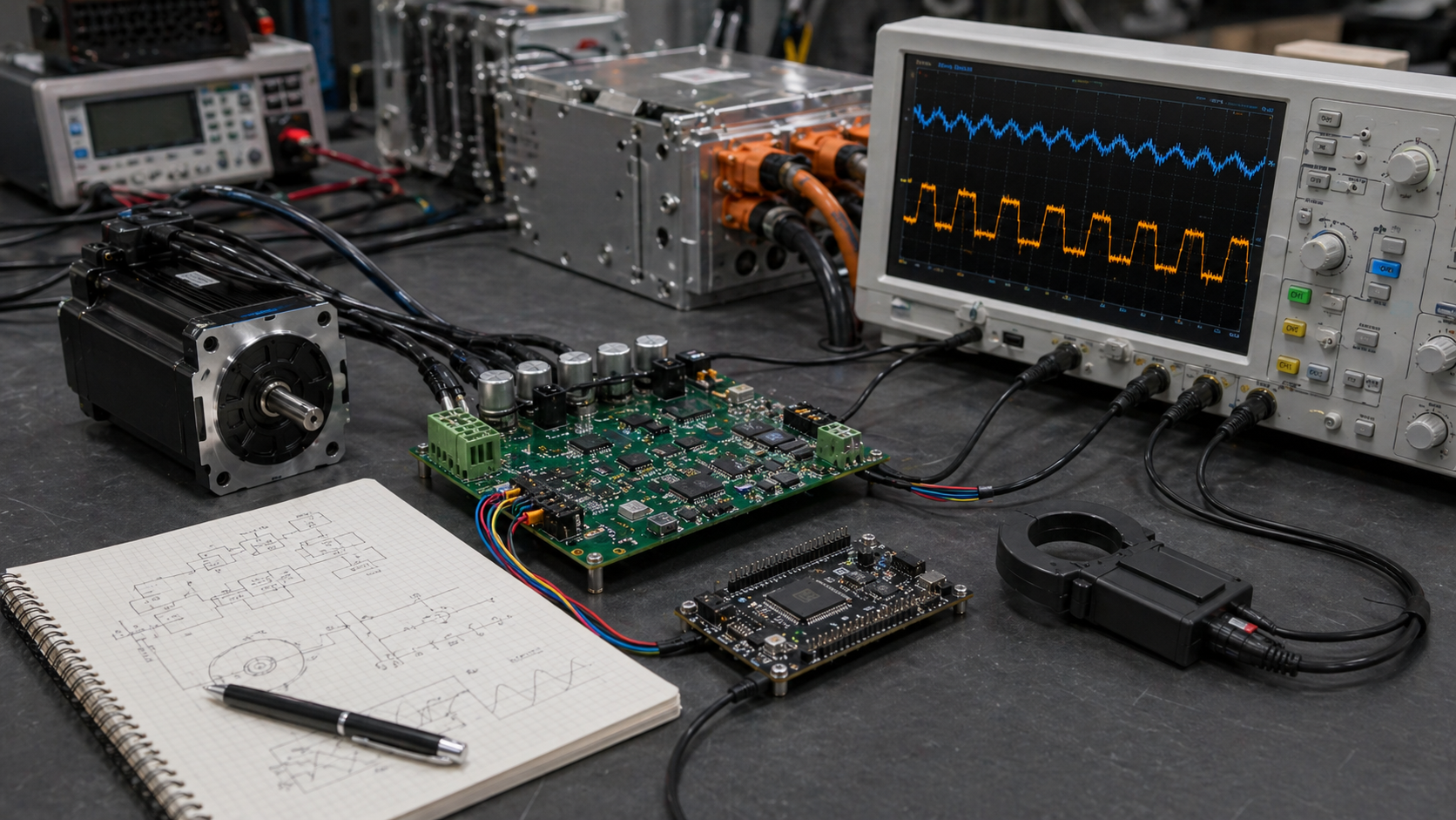 Motor-control lab bench with inverter hardware, motor, oscilloscope waveforms, and embedded control boards.