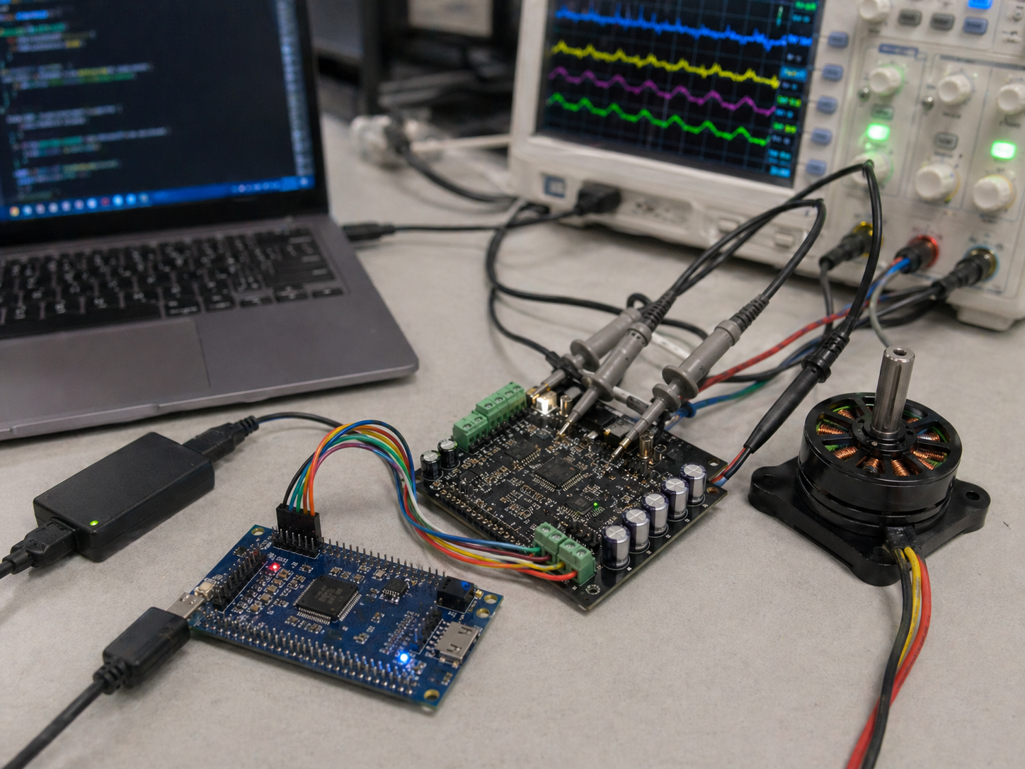 STM32 motor-control setup with inverter board, oscilloscope probes, BLDC motor, and firmware development laptop.